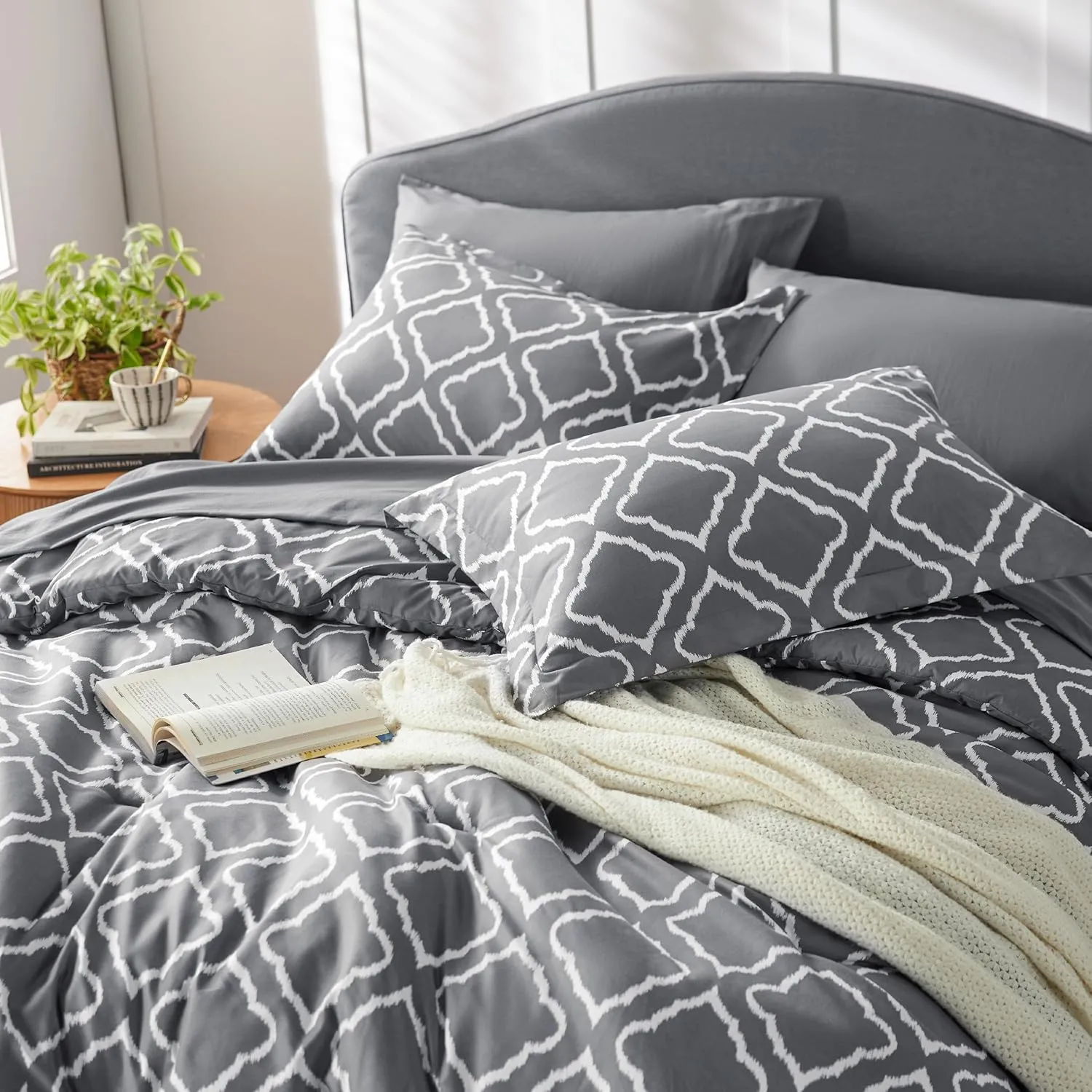 Bedsure Queen Comforter Set 7 Pieces - Dark Grey Blue Quatrefoil Comforters Queen Size, Lightweight Bedding Sets for All Season, Bed in a Bag with Comforters, Sheets, Pillowcases & Shams