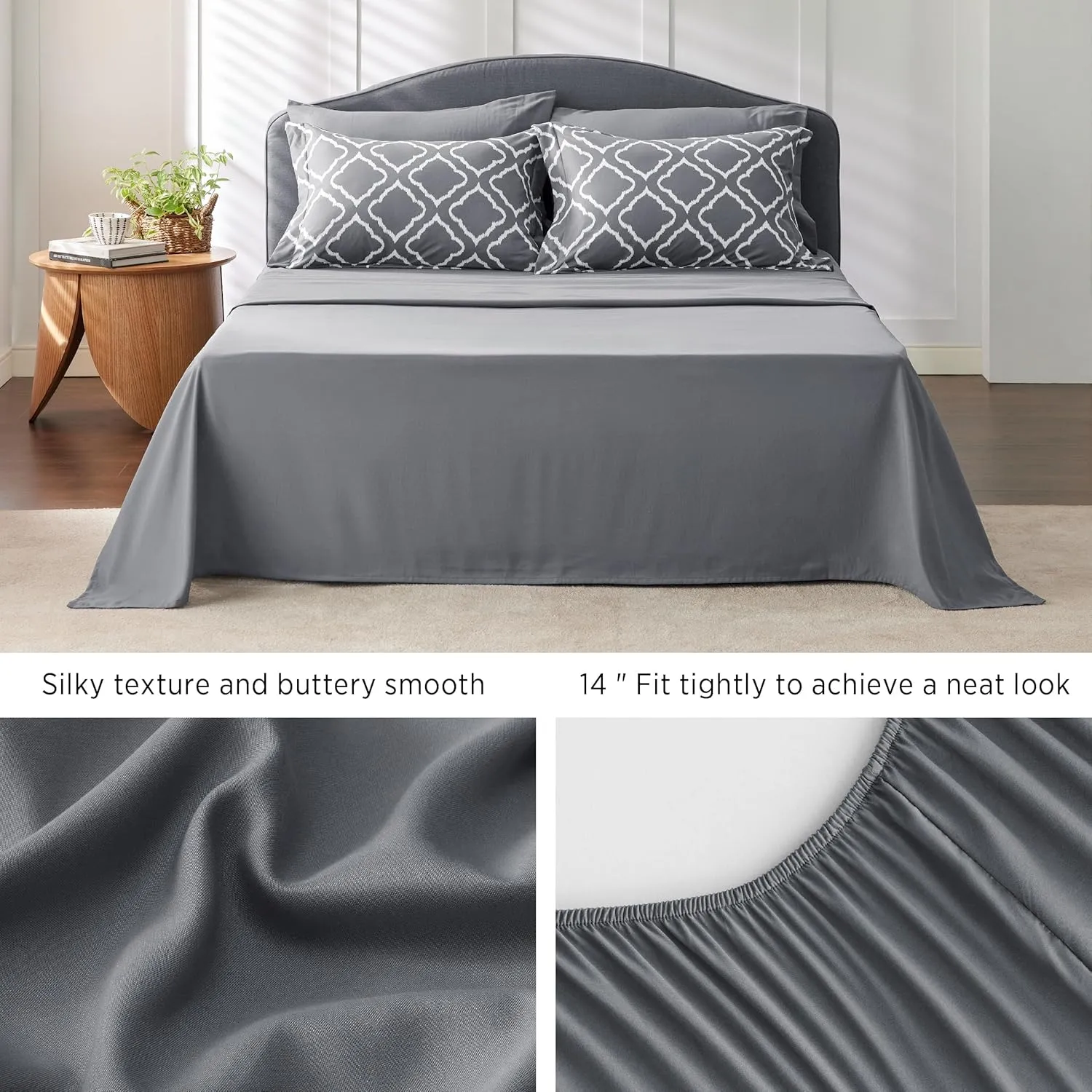 Bedsure Queen Comforter Set 7 Pieces - Dark Grey Blue Quatrefoil Comforters Queen Size, Lightweight Bedding Sets for All Season, Bed in a Bag with Comforters, Sheets, Pillowcases & Shams