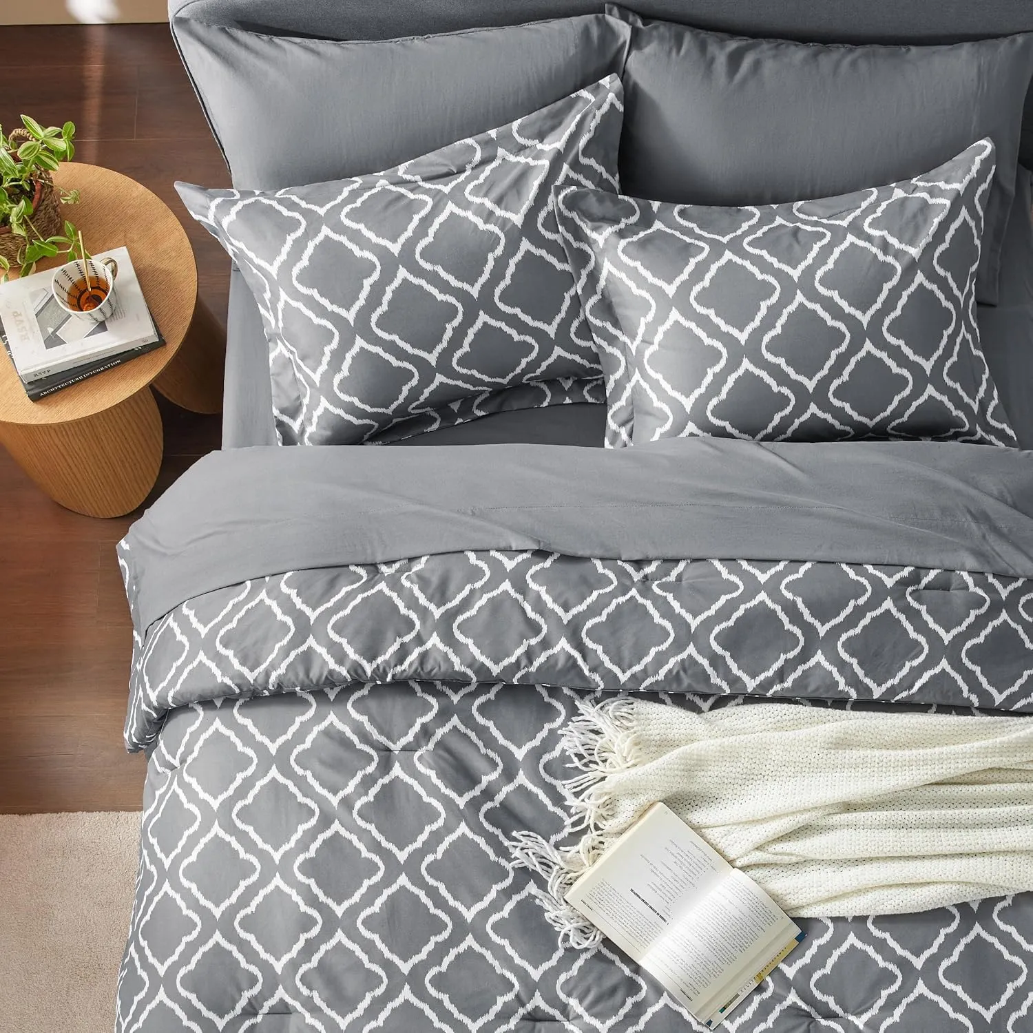 Bedsure Queen Comforter Set 7 Pieces - Dark Grey Blue Quatrefoil Comforters Queen Size, Lightweight Bedding Sets for All Season, Bed in a Bag with Comforters, Sheets, Pillowcases & Shams