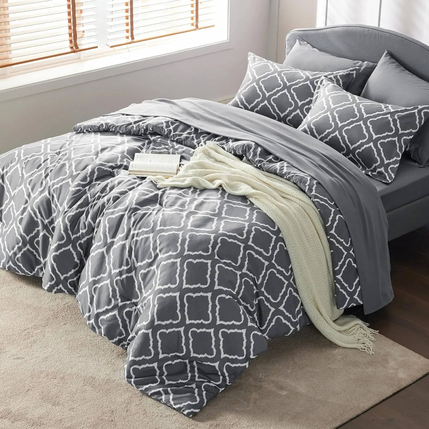 Bedsure Queen Comforter Set 7 Pieces - Dark Grey Blue Quatrefoil Comforters Queen Size, Lightweight Bedding Sets for All Season, Bed in a Bag with Comforters, Sheets, Pillowcases & Shams
