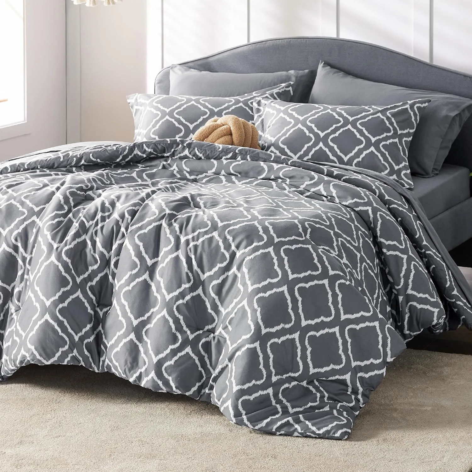Bedsure Queen Comforter Set 7 Pieces - Dark Grey Blue Quatrefoil Comforters Queen Size, Lightweight Bedding Sets for All Season, Bed in a Bag with Comforters, Sheets, Pillowcases & Shams