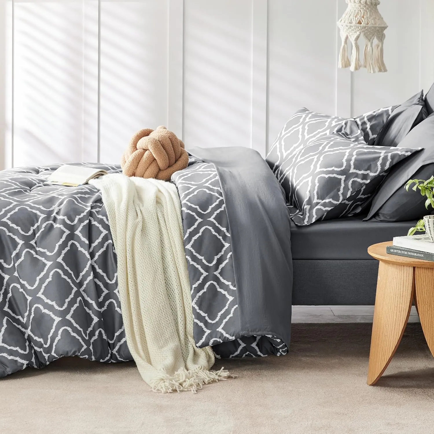 Bedsure Queen Comforter Set 7 Pieces - Dark Grey Blue Quatrefoil Comforters Queen Size, Lightweight Bedding Sets for All Season, Bed in a Bag with Comforters, Sheets, Pillowcases & Shams