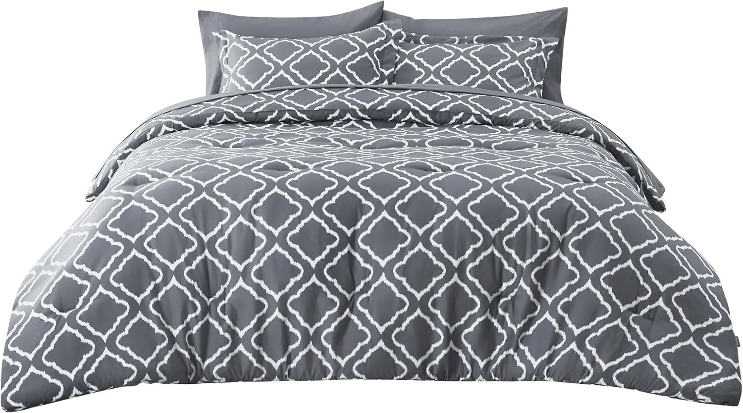 Bedsure Queen Comforter Set 7 Pieces - Dark Grey Blue Quatrefoil Comforters Queen Size, Lightweight Bedding Sets for All Season, Bed in a Bag with Comforters, Sheets, Pillowcases & Shams