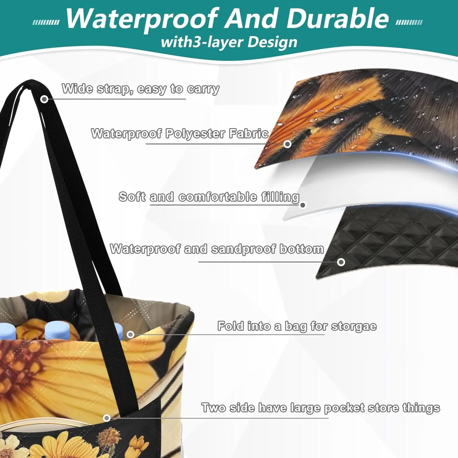 Bee Flowers Floral Cute Picnic Essentials Foldable Sandproof Beach Blanket Waterproof Outdoor Blanket for Grass 80" x 60"