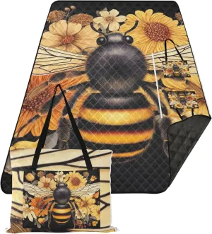 Bee Flowers Floral Cute Picnic Essentials Foldable Sandproof Beach Blanket Waterproof Outdoor Blanket for Grass 80" x 60"