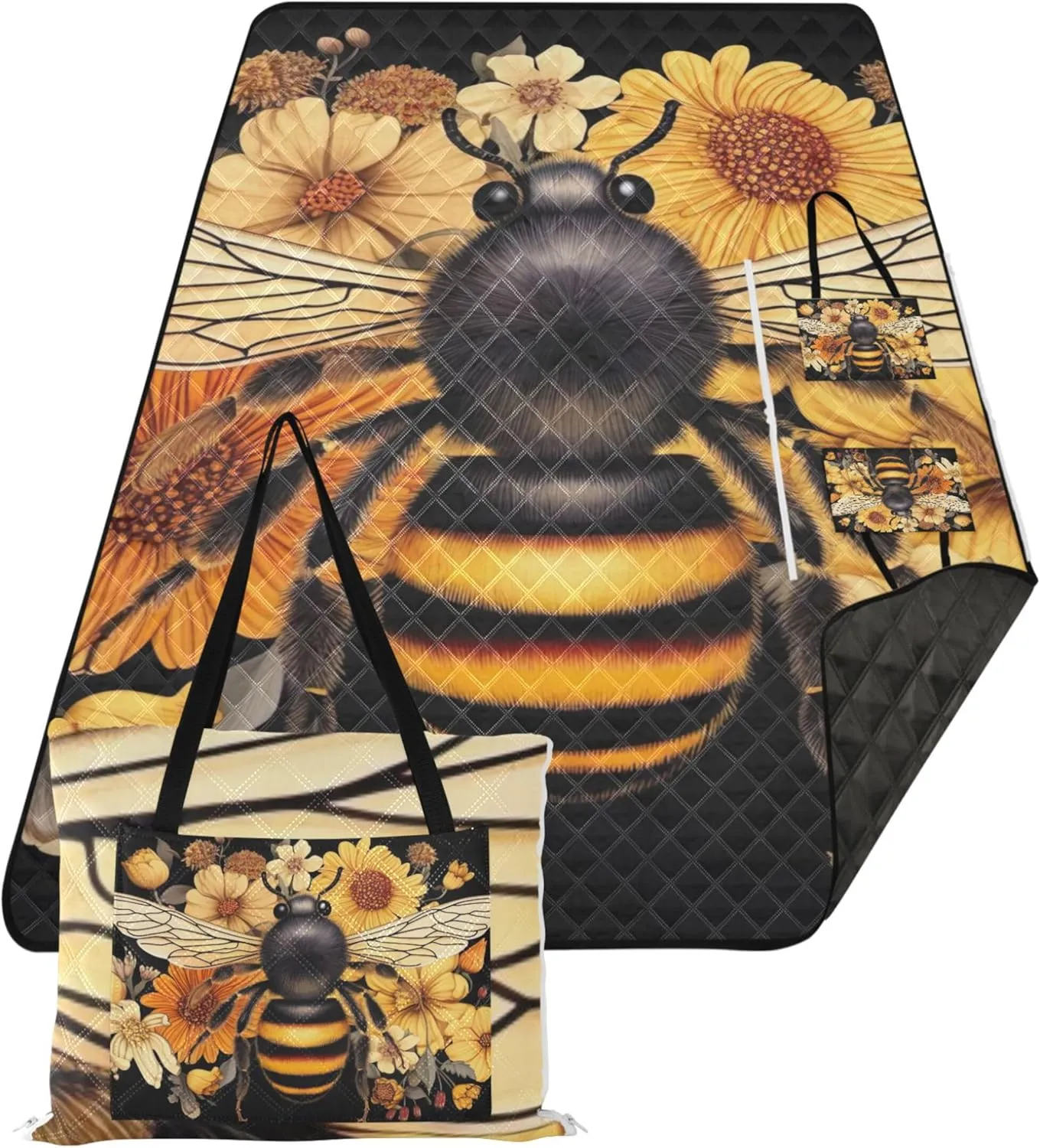 Bee Flowers Floral Cute Picnic Essentials Foldable Sandproof Beach Blanket Waterproof Outdoor Blanket for Grass 80" x 60"