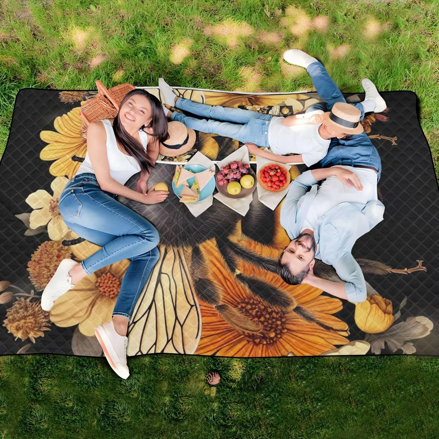 Bee Flowers Floral Cute Picnic Essentials Foldable Sandproof Beach Blanket Waterproof Outdoor Blanket for Grass 80" x 60"