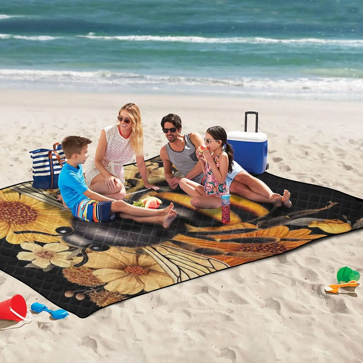 Bee Flowers Floral Cute Picnic Essentials Foldable Sandproof Beach Blanket Waterproof Outdoor Blanket for Grass 80" x 60"