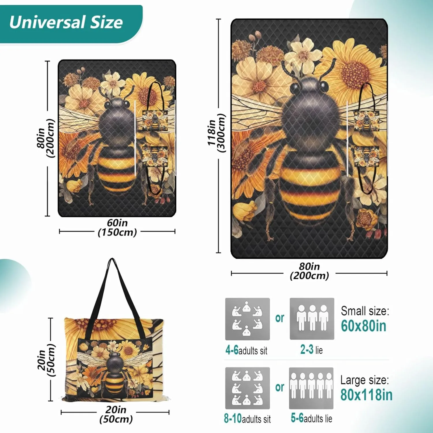 Bee Flowers Floral Cute Picnic Essentials Foldable Sandproof Beach Blanket Waterproof Outdoor Blanket for Grass 80" x 60"
