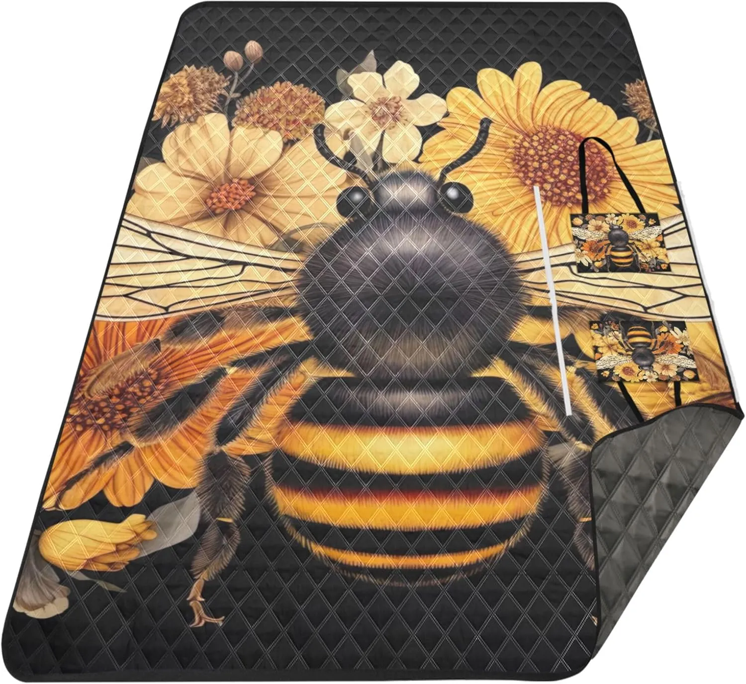 Bee Flowers Floral Cute Picnic Essentials Foldable Sandproof Beach Blanket Waterproof Outdoor Blanket for Grass 80" x 60"