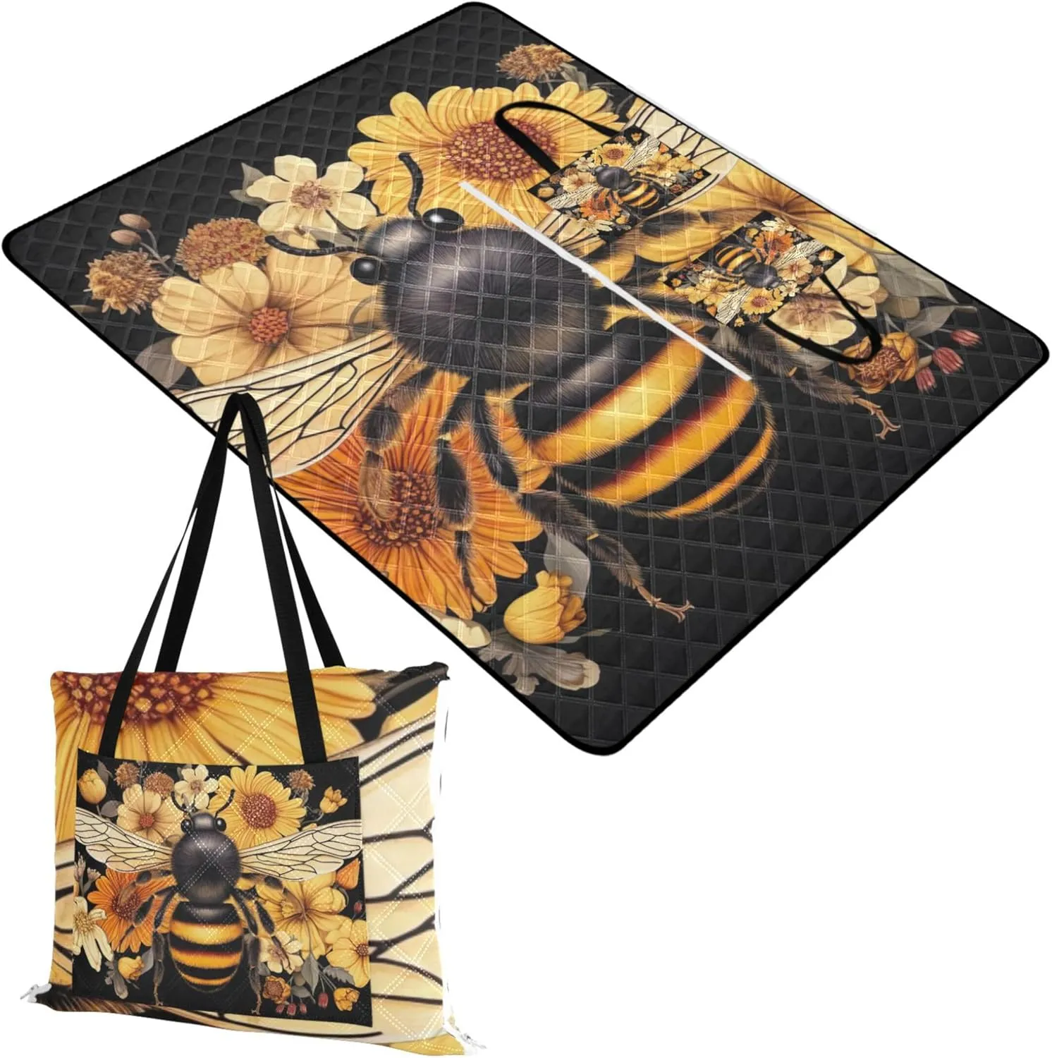 Bee Flowers Floral Cute Picnic Essentials Foldable Sandproof Beach Blanket Waterproof Outdoor Blanket for Grass 80" x 60"