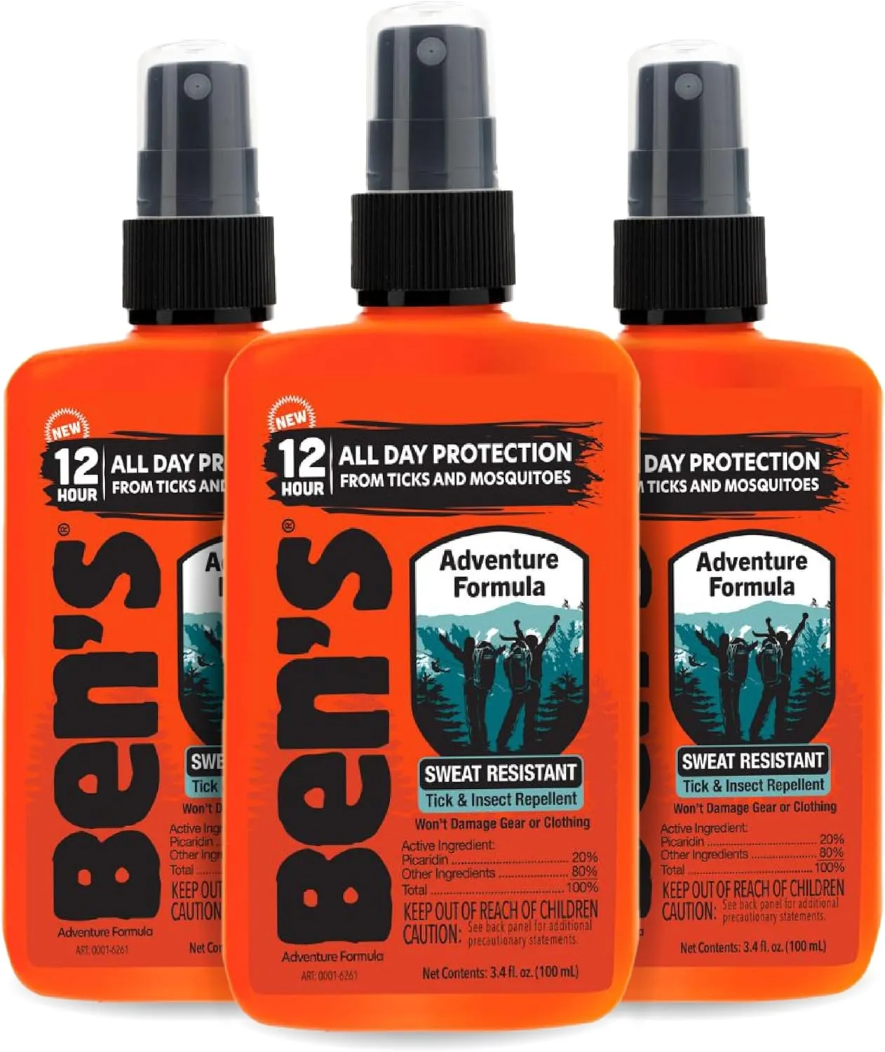 Ben's Adventure Formula - Tick & Mosquito Repellent for Up to 12 Hours of Protection - 20% Picaridin Bug Spray with Pump Spray - Sweat-Resistant - 3.4 oz (3 Pack)
