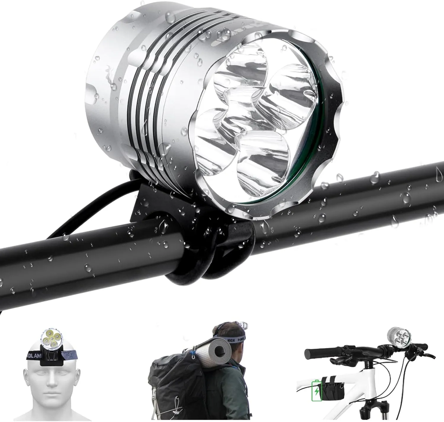Bike Lights, Rechargeable Bike Headlight, Super Bright 5 LED Bicycle Headlight, Waterproof Bike Lights for Night Riding, 6400mAh Bicycle Lights, 3 Light Modes