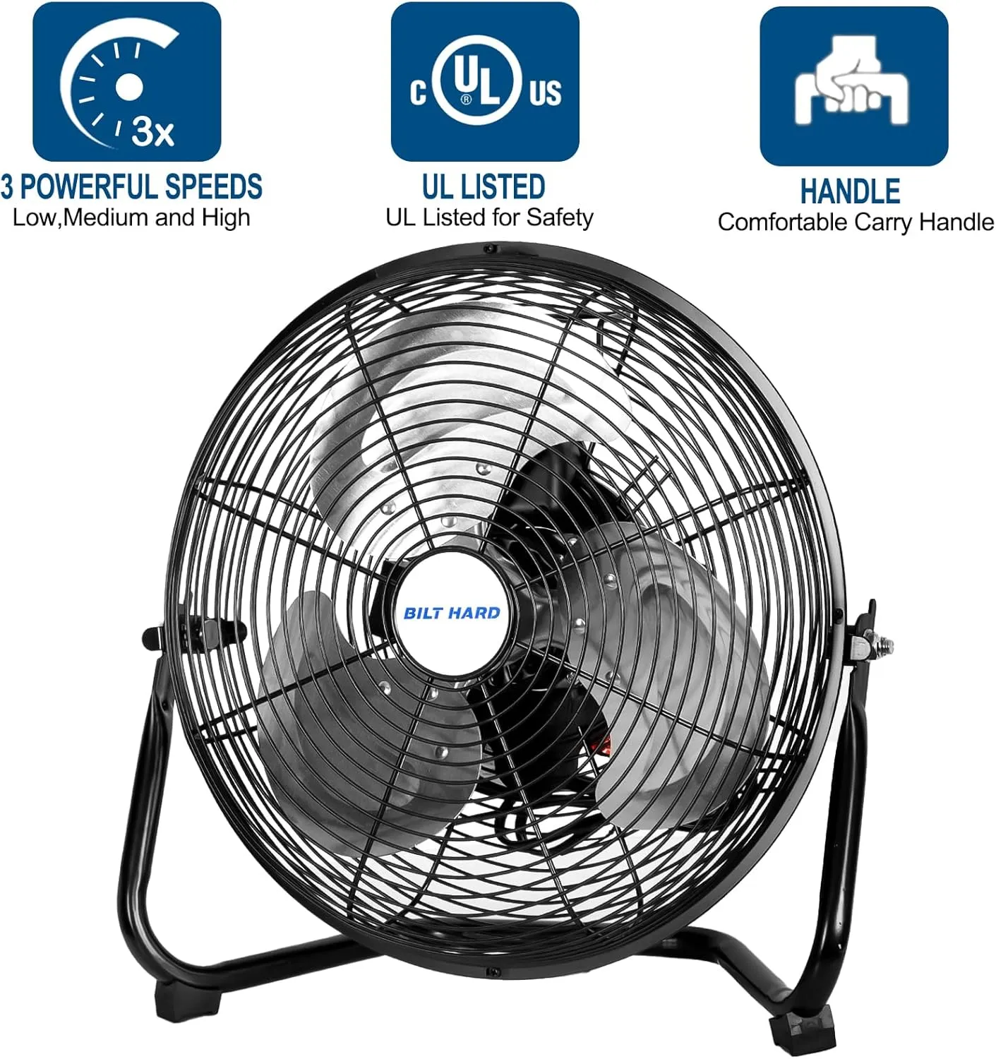 BILT HARD 12" 3-Speed High Velocity Heavy Duty Metal Floor Fan, 1680 CFM, 180-Degree Tilt, Powerful Airflow Fan for Home, Bedroom, Residential Use