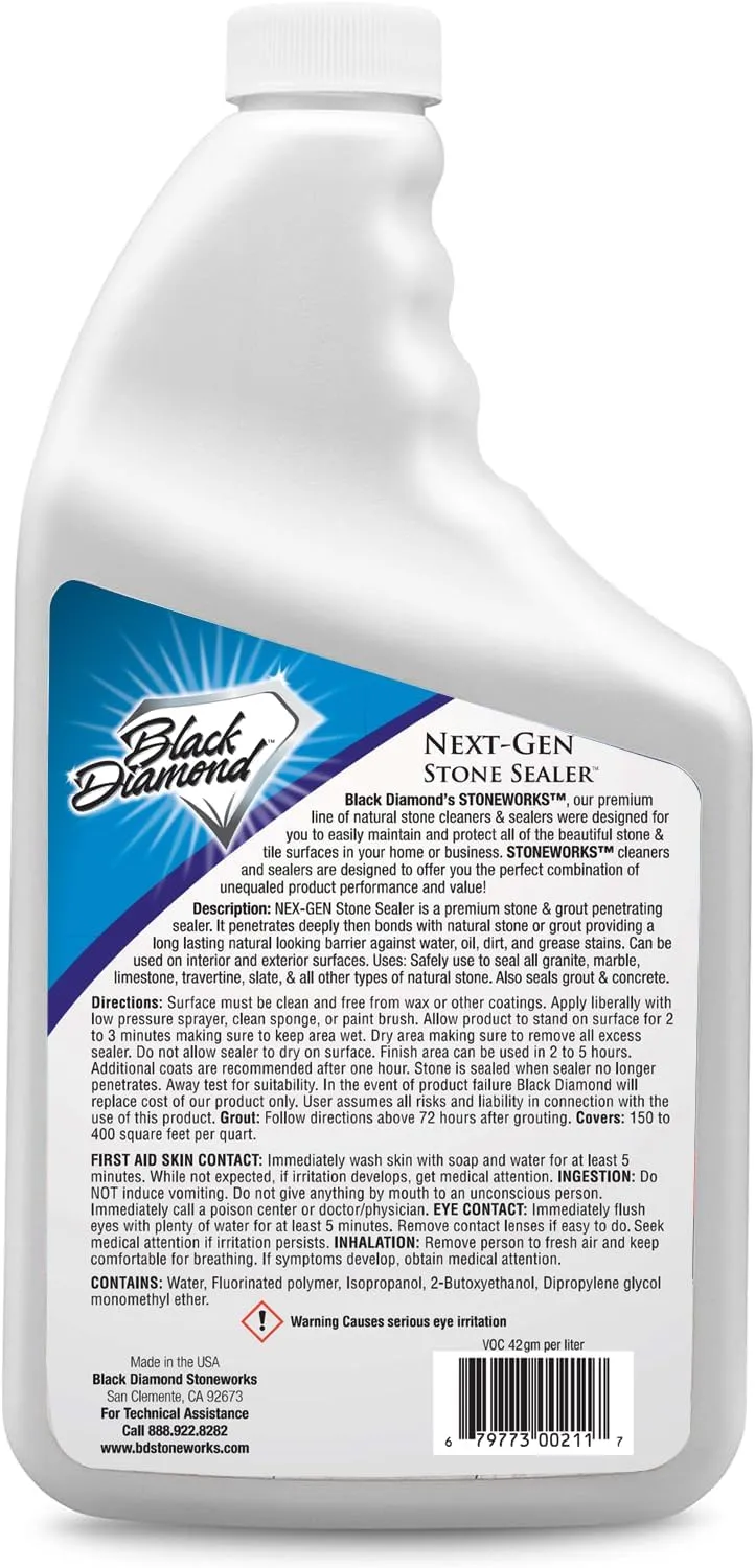 Black Diamond Stoneworks NEX-GEN Natural Stone Penetrating Sealer: Long-Lasting Protection Interior and Exterior ; Granite, Marble, Travertine, Limestone, Grout, Tile, Brick, Slate Floors