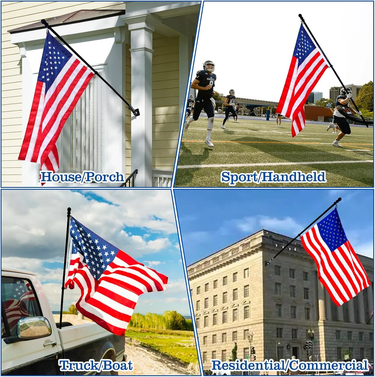 Black Flagpole Kits for Outside House, 7 FT Thickened Stainless Steel Porch Wall Flag Pole for 3x5'/4x6' Flag, 1" Anti-Wrap Spinning Flagpole Ring, 180° Adjustable Multi-Position Bracket Holder