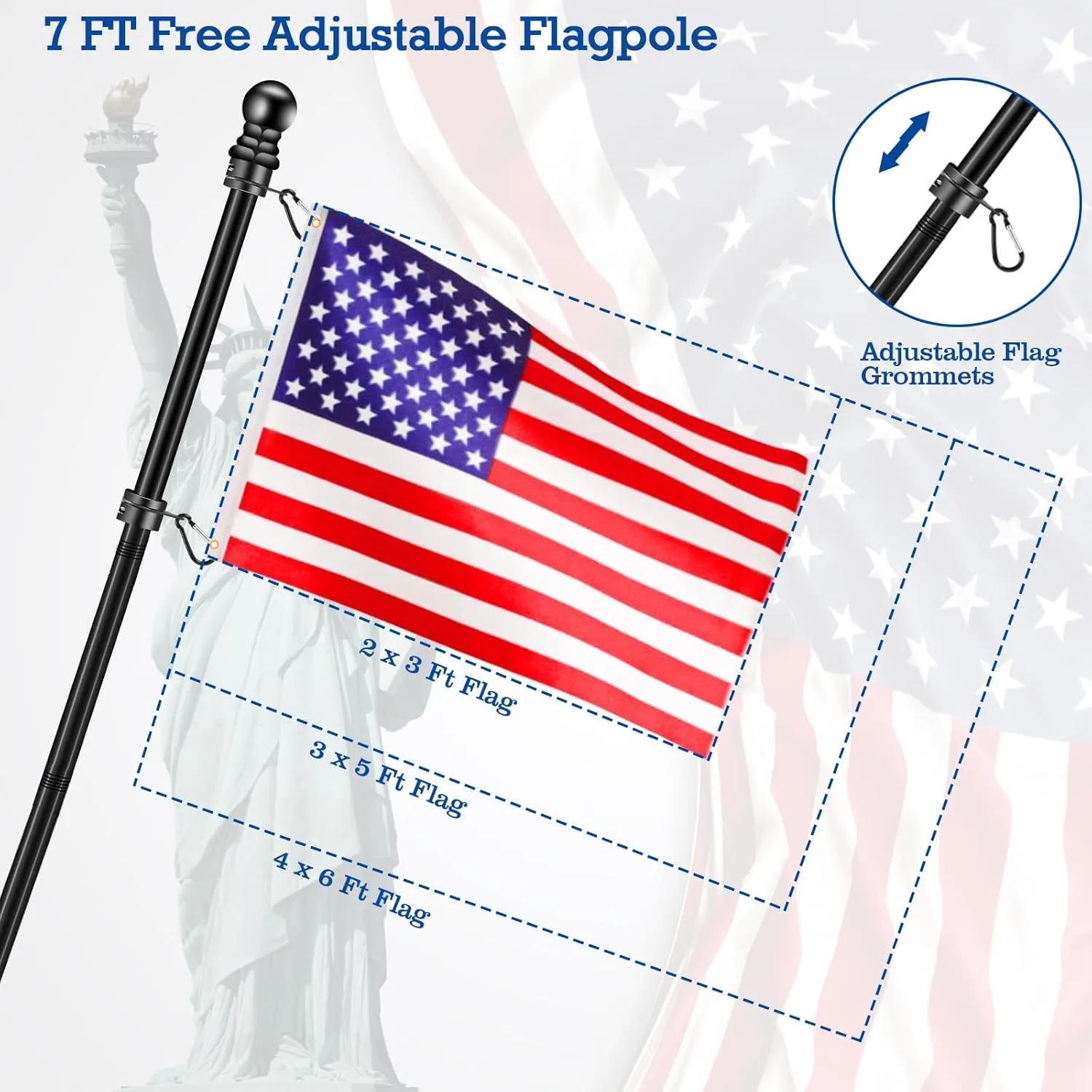 Black Flagpole Kits for Outside House, 7 FT Thickened Stainless Steel Porch Wall Flag Pole for 3x5'/4x6' Flag, 1" Anti-Wrap Spinning Flagpole Ring, 180° Adjustable Multi-Position Bracket Holder