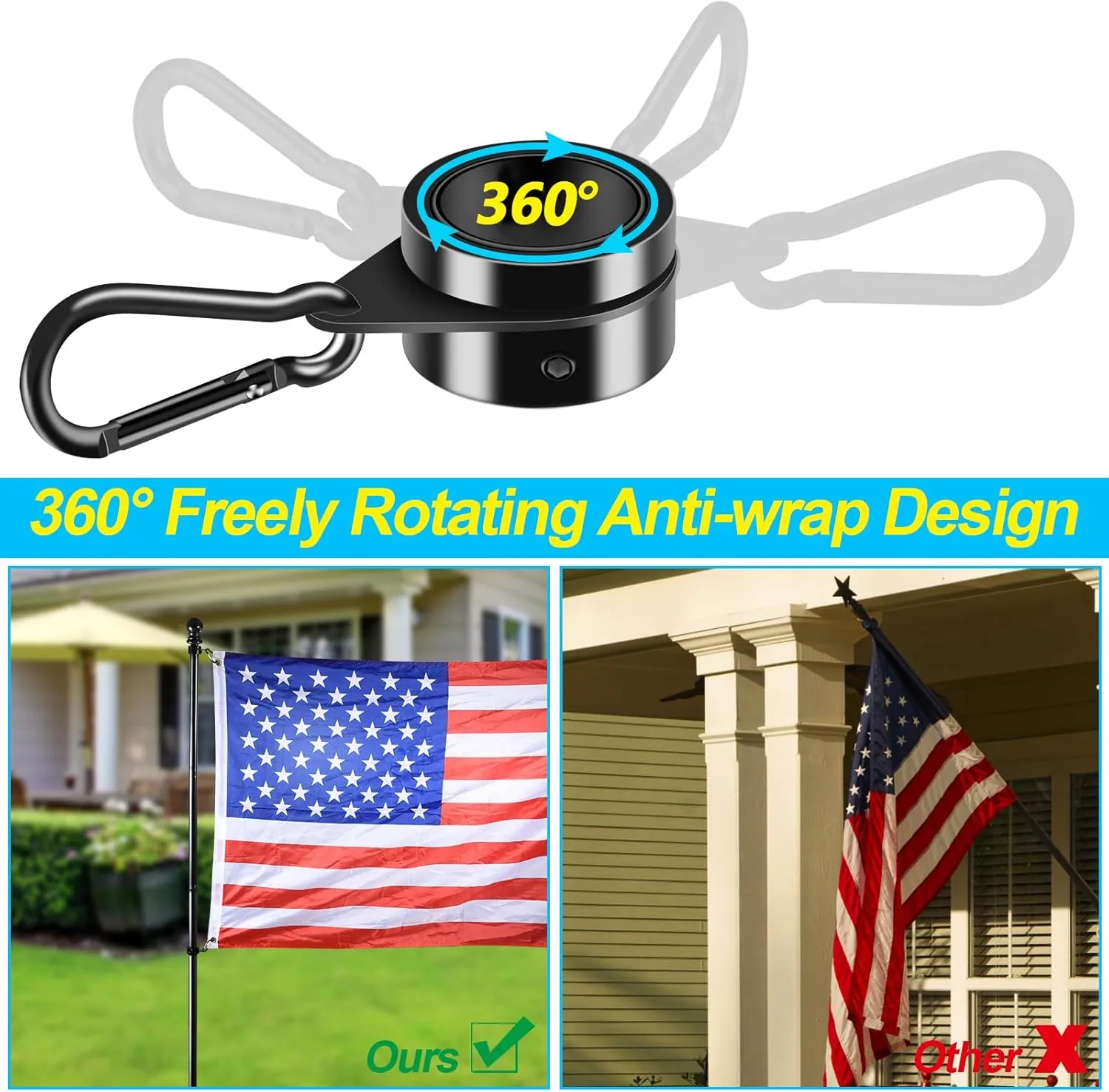 Black Flagpole Kits for Outside House, 7 FT Thickened Stainless Steel Porch Wall Flag Pole for 3x5'/4x6' Flag, 1" Anti-Wrap Spinning Flagpole Ring, 180° Adjustable Multi-Position Bracket Holder