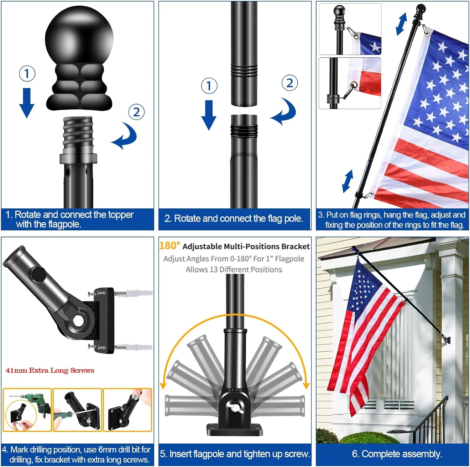 Black Flagpole Kits for Outside House, 7 FT Thickened Stainless Steel Porch Wall Flag Pole for 3x5'/4x6' Flag, 1" Anti-Wrap Spinning Flagpole Ring, 180° Adjustable Multi-Position Bracket Holder
