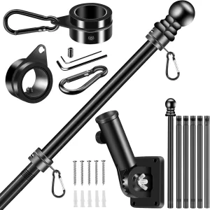 Black Flagpole Kits for Outside House, 7 FT Thickened Stainless Steel Porch Wall Flag Pole for 3x5'/4x6' Flag, 1" Anti-Wrap Spinning Flagpole Ring, 180° Adjustable Multi-Position Bracket Holder