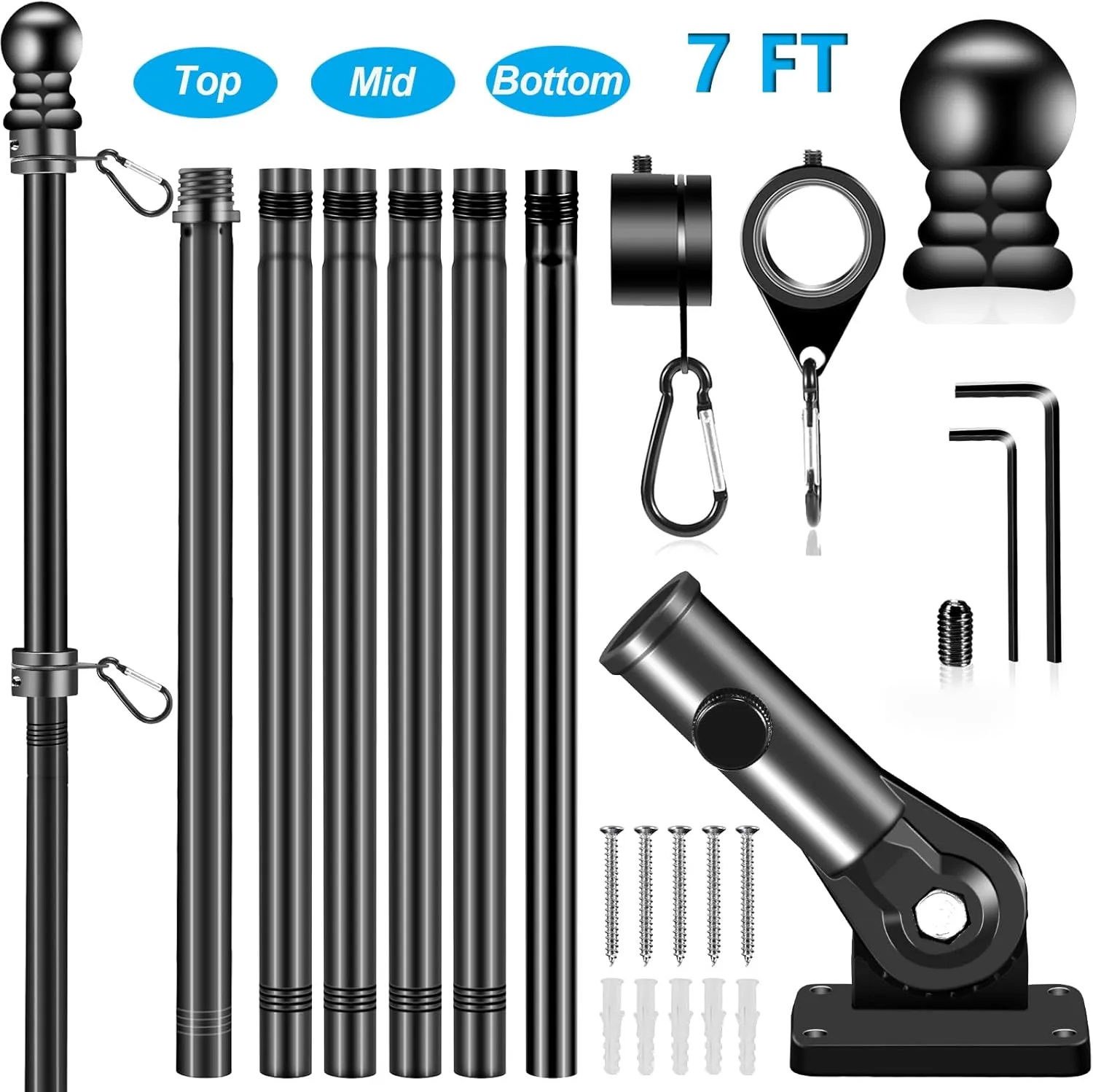 Black Flagpole Kits for Outside House, 7 FT Thickened Stainless Steel Porch Wall Flag Pole for 3x5'/4x6' Flag, 1" Anti-Wrap Spinning Flagpole Ring, 180° Adjustable Multi-Position Bracket Holder