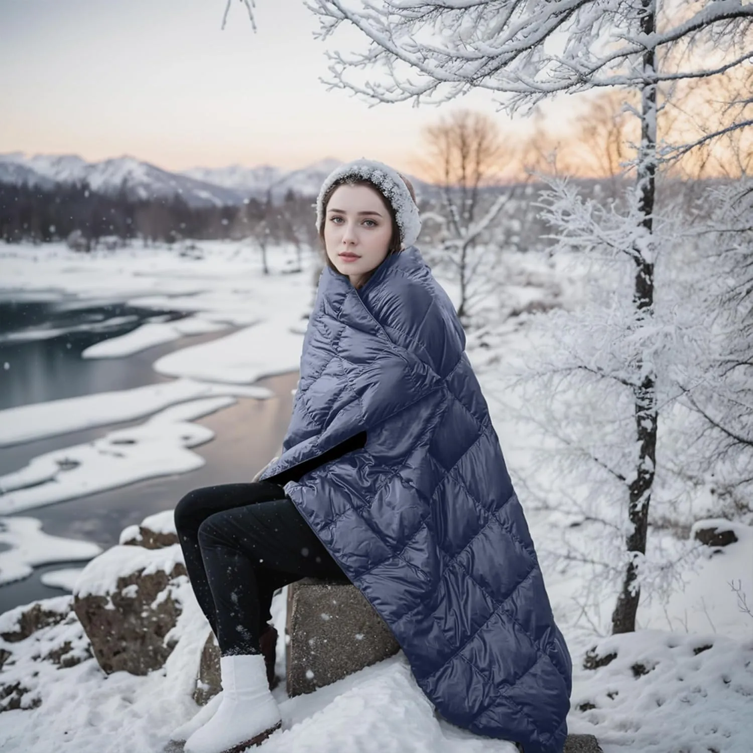 Blue Ridge Activ Fluffy 650 Fill Power Outdoor Packable Down Throw Blanket for Camping Hiking with Carrying Pouch - Lightweight and Durable Blanket 60" x 70" for Traveling, Beach Trips