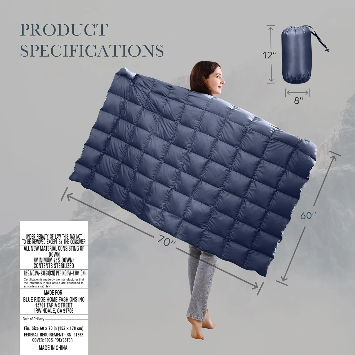 Blue Ridge Activ Fluffy 650 Fill Power Outdoor Packable Down Throw Blanket for Camping Hiking with Carrying Pouch - Lightweight and Durable Blanket 60" x 70" for Traveling, Beach Trips