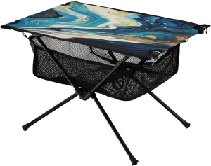 Blue Swirled Painting Portable Folding Camping Table, Compact Lightweight Beach Table with Carrying Bag for Outdoor Picnics, BBQs, Camp