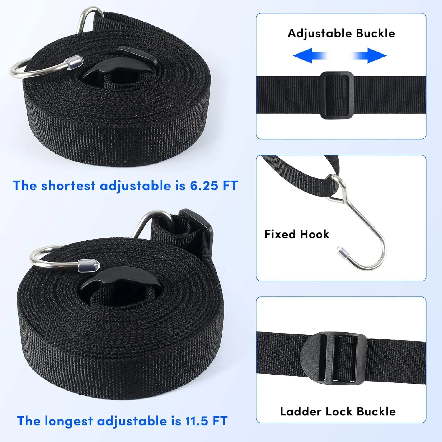 Boat Cover Support Poles Straps with Stainless Steel Hook, Boat Pole Straps with Ladder Lock Buckle 1inch W x 11.5ft L(6 Pack Black)