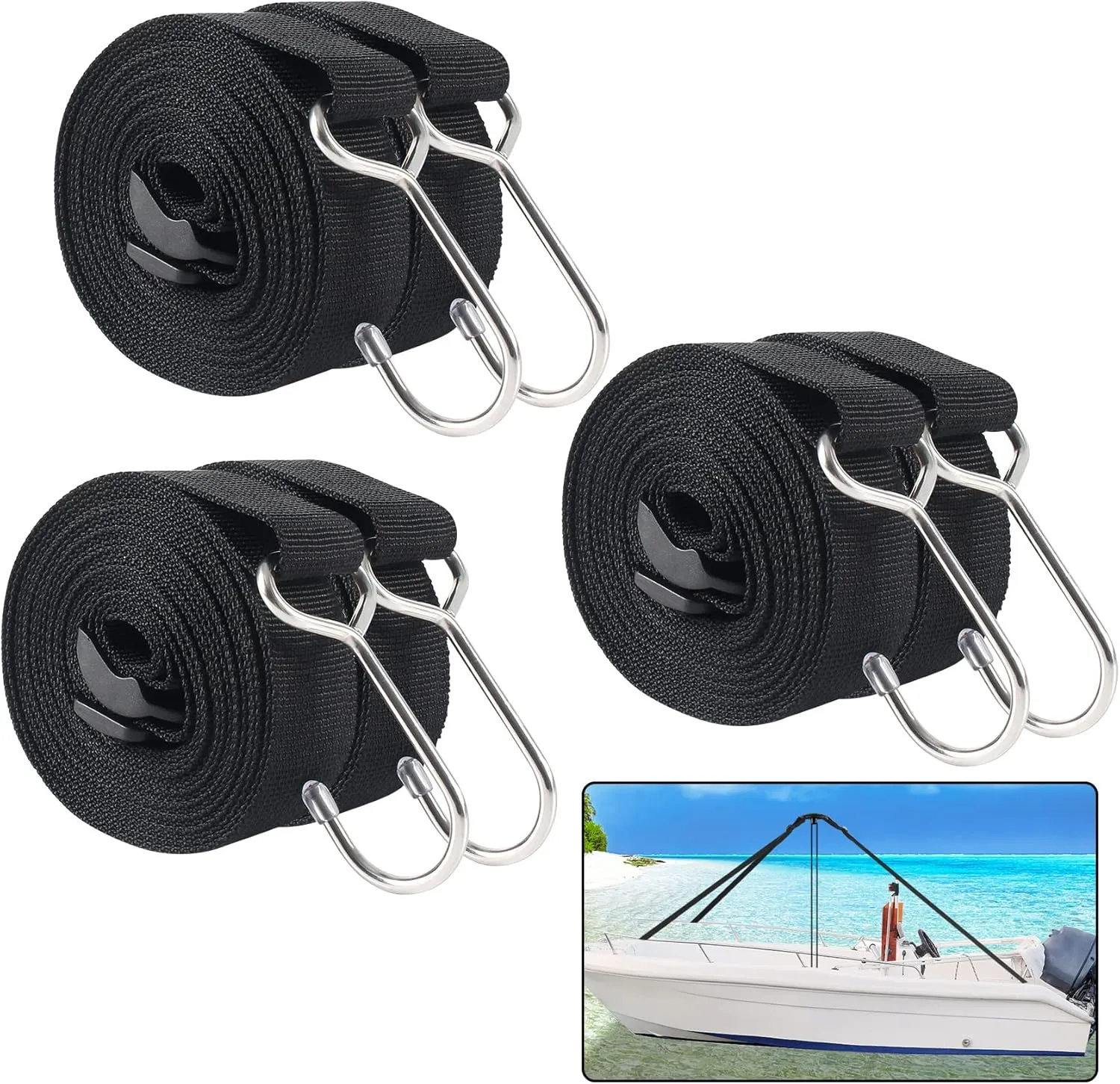 Boat Cover Support Poles Straps with Stainless Steel Hook, Boat Pole Straps with Ladder Lock Buckle 1inch W x 11.5ft L(6 Pack Black)