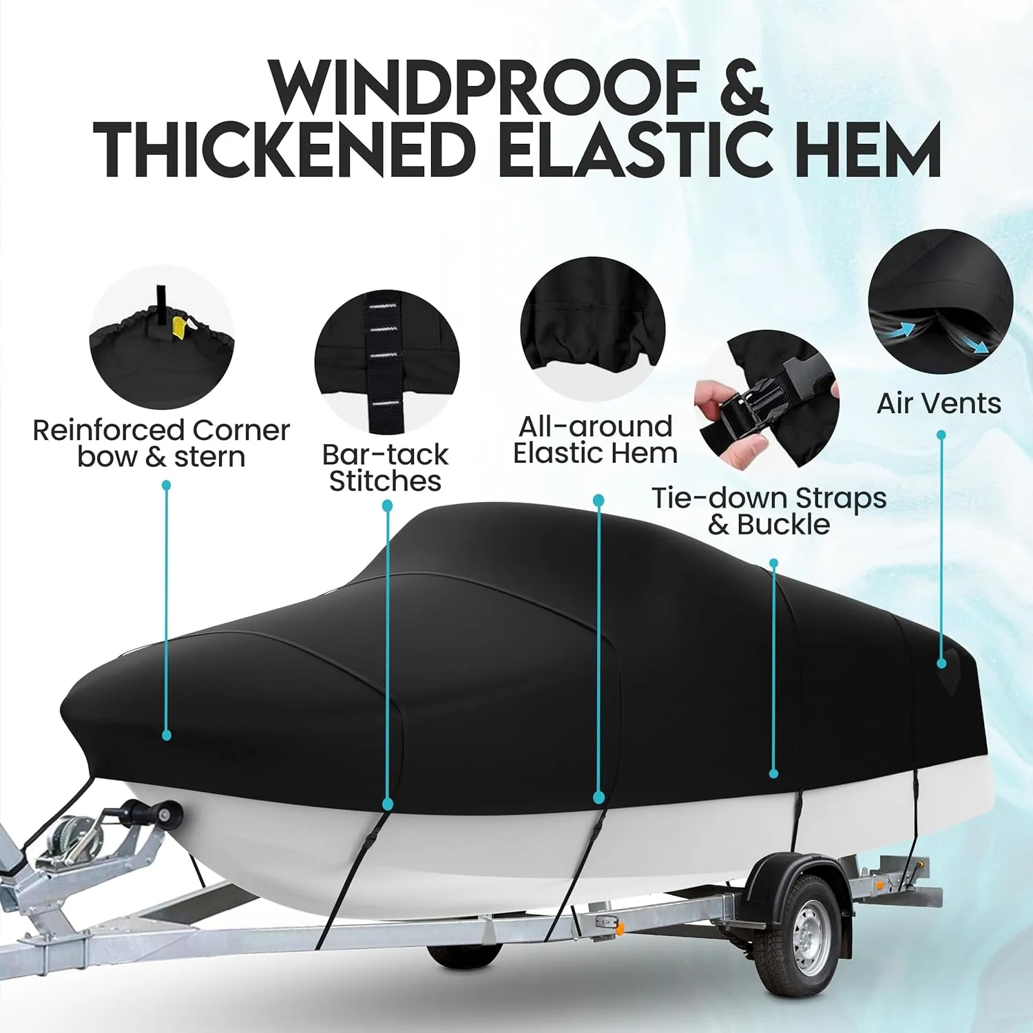 Boat Cover with Support Pole | Trailerable Heavy Duty Waterproof Polyester Canvas with Storage Bag | Fits 20'-22' V-Hull, Tri-Hull, Runabout Bass Boat, Fish & Ski | Black