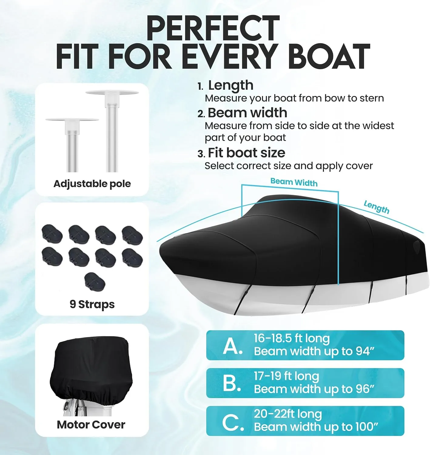 Boat Cover with Support Pole | Trailerable Heavy Duty Waterproof Polyester Canvas with Storage Bag | Fits 20'-22' V-Hull, Tri-Hull, Runabout Bass Boat, Fish & Ski | Black