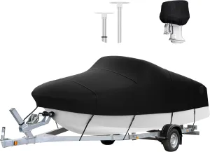 Boat Cover with Support Pole | Trailerable Heavy Duty Waterproof Polyester Canvas with Storage Bag | Fits 20'-22' V-Hull, Tri-Hull, Runabout Bass Boat, Fish & Ski | Black