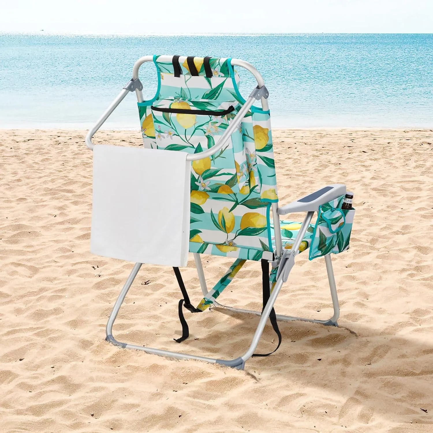 Bonnlo Folding Patio Chair with Headrest & Storage Pouch, Lightweight Aluminum Frame Supports 220 lbs/100 kg, Portable for Travel Lawn Poolside Camping Beach(Lemon Motif)