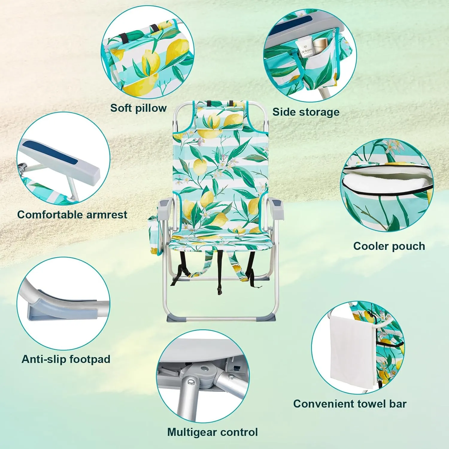 Bonnlo Folding Patio Chair with Headrest & Storage Pouch, Lightweight Aluminum Frame Supports 220 lbs/100 kg, Portable for Travel Lawn Poolside Camping Beach(Lemon Motif)