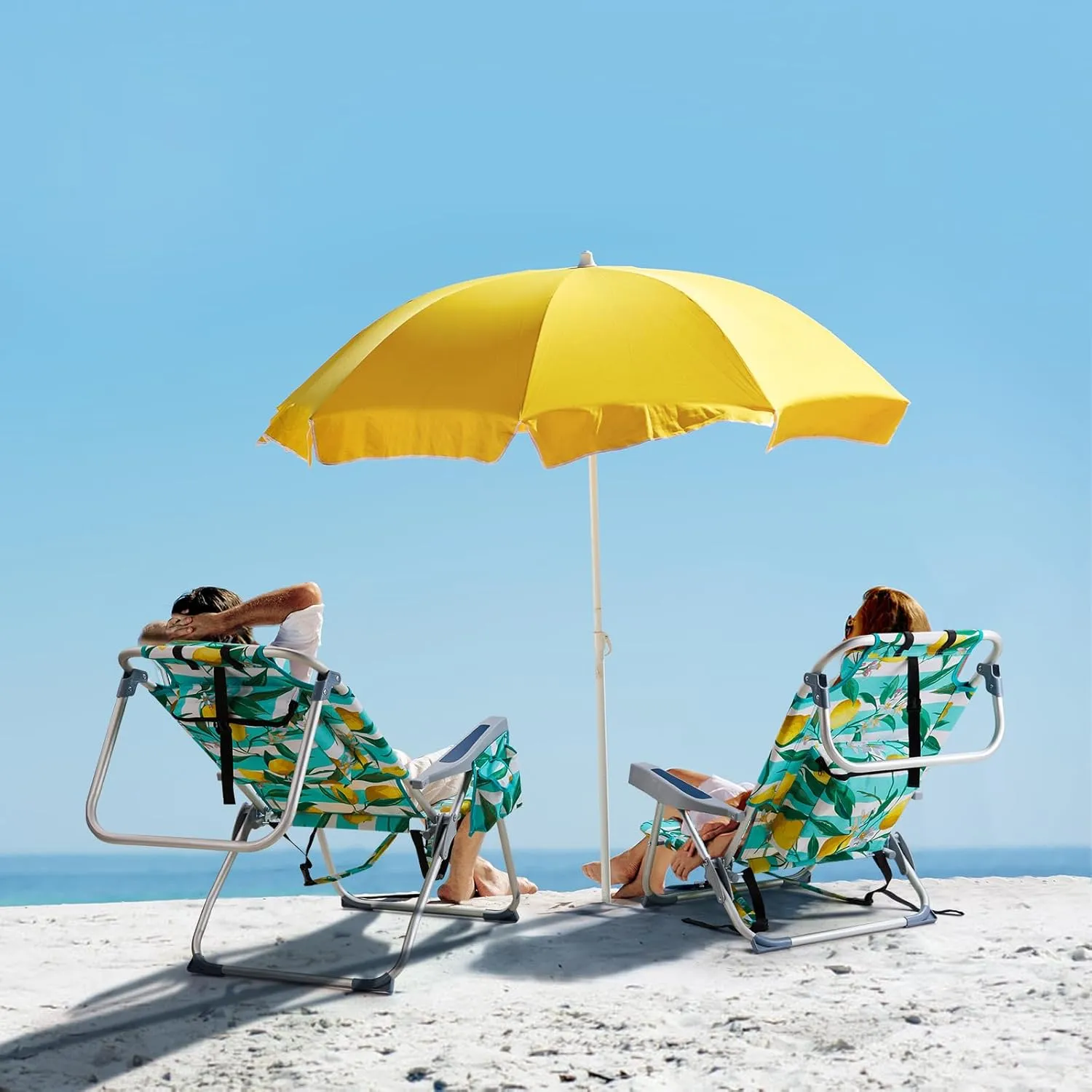 Bonnlo Folding Patio Chair with Headrest & Storage Pouch, Lightweight Aluminum Frame Supports 220 lbs/100 kg, Portable for Travel Lawn Poolside Camping Beach(Lemon Motif)