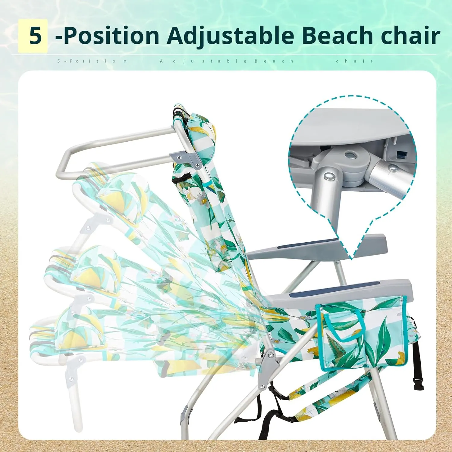 Bonnlo Folding Patio Chair with Headrest & Storage Pouch, Lightweight Aluminum Frame Supports 220 lbs/100 kg, Portable for Travel Lawn Poolside Camping Beach(Lemon Motif)