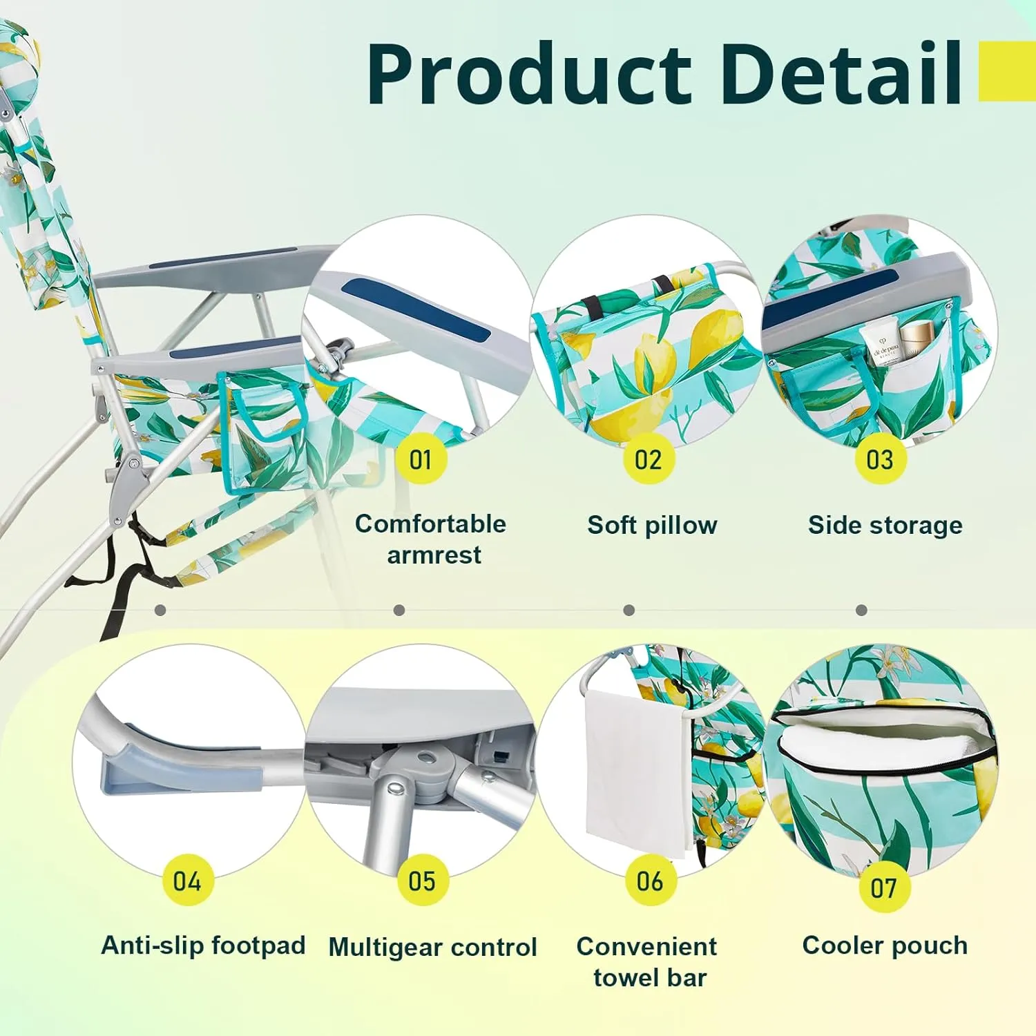 Bonnlo Folding Patio Chair with Headrest & Storage Pouch, Lightweight Aluminum Frame Supports 220 lbs/100 kg, Portable for Travel Lawn Poolside Camping Beach(Lemon Motif)