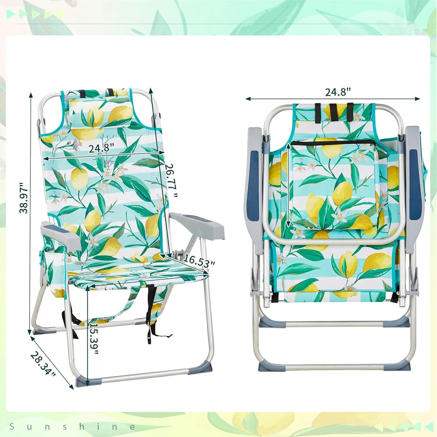 Bonnlo Folding Patio Chair with Headrest & Storage Pouch, Lightweight Aluminum Frame Supports 220 lbs/100 kg, Portable for Travel Lawn Poolside Camping Beach(Lemon Motif)