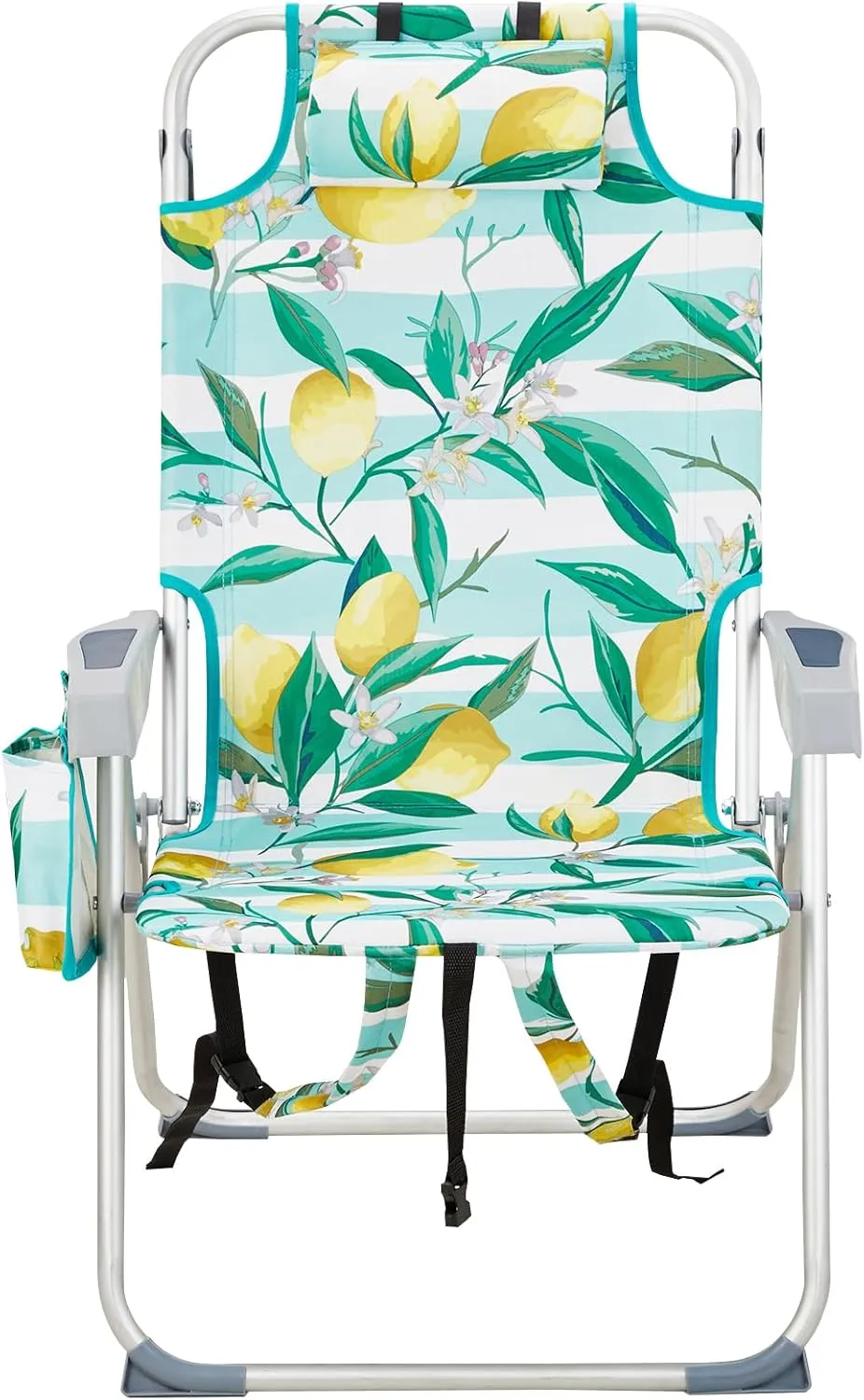 Bonnlo Folding Patio Chair with Headrest & Storage Pouch, Lightweight Aluminum Frame Supports 220 lbs/100 kg, Portable for Travel Lawn Poolside Camping Beach(Lemon Motif)