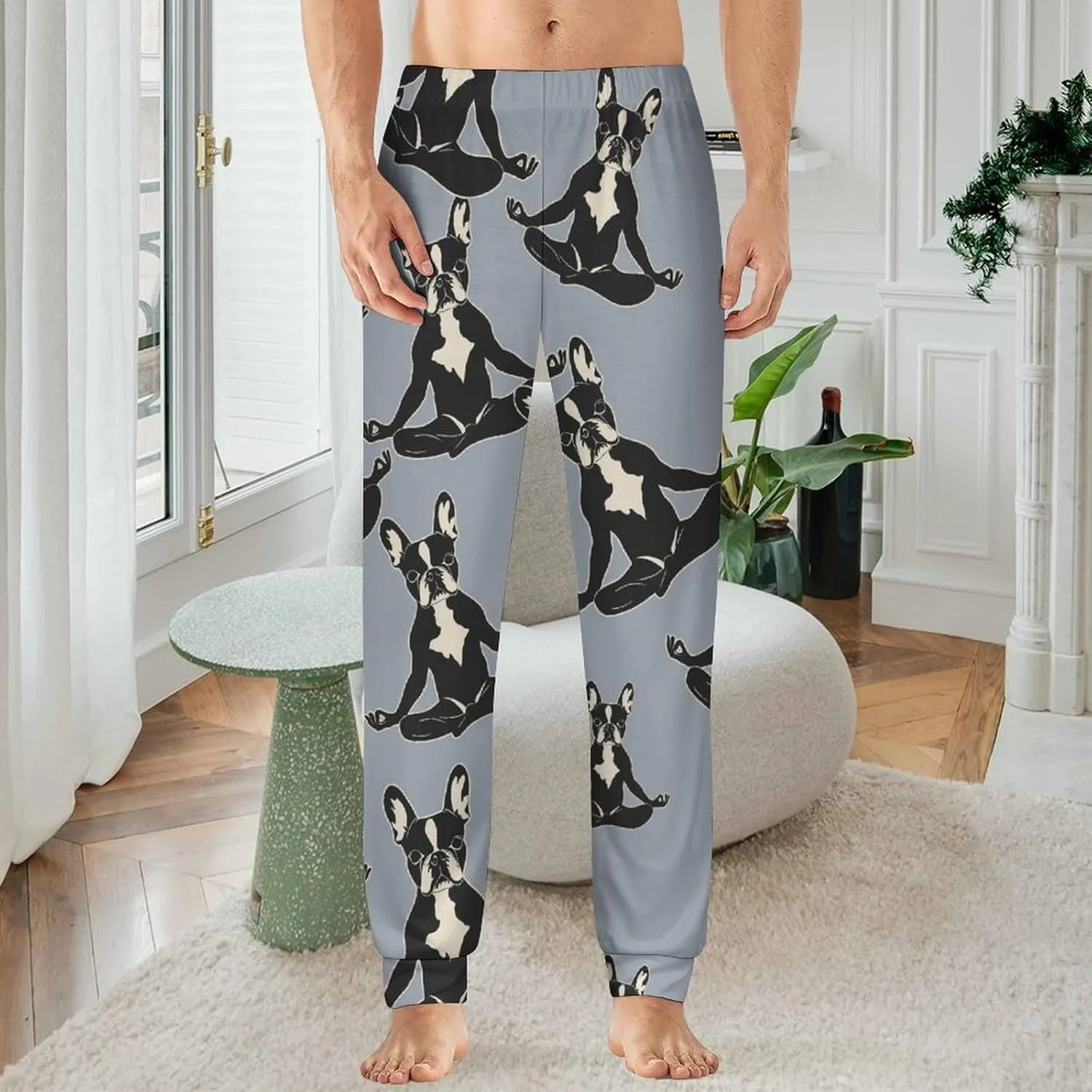 Boston Terrier Dog Yoga Pajama Pants Men Pjs Elastic Waistband Sleep Lounge Pants Lightweight Loungewear