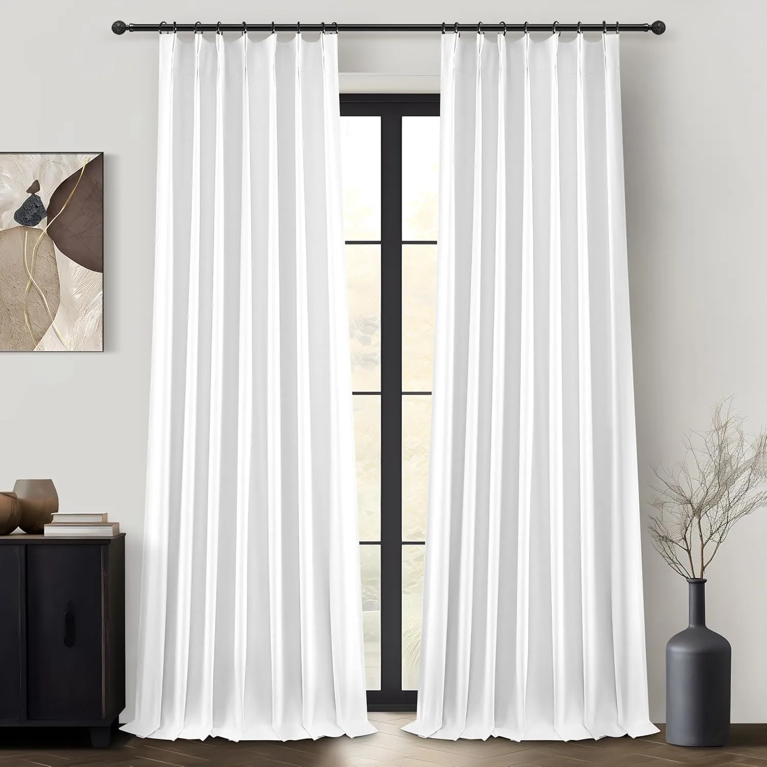 Bright White Pinch Pleated Blackout Curtains 90 Inches Long for Bedroom, Neutral Thick Linen Blend Room Darkening Patio Door Curtain Hook Ring Thermal Privacy Windows Drapes 40"W x 90"L x 2 Panels Set