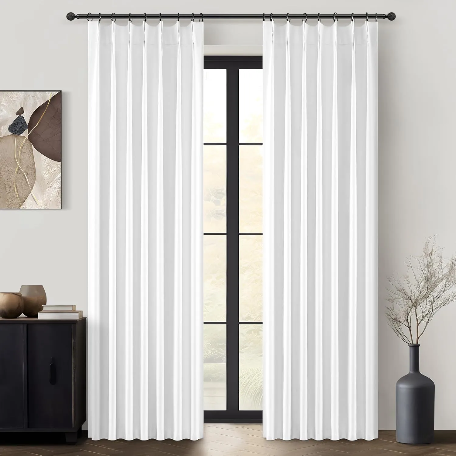 Bright White Pinch Pleated Blackout Curtains 90 Inches Long for Bedroom, Neutral Thick Linen Blend Room Darkening Patio Door Curtain Hook Ring Thermal Privacy Windows Drapes 40"W x 90"L x 2 Panels Set