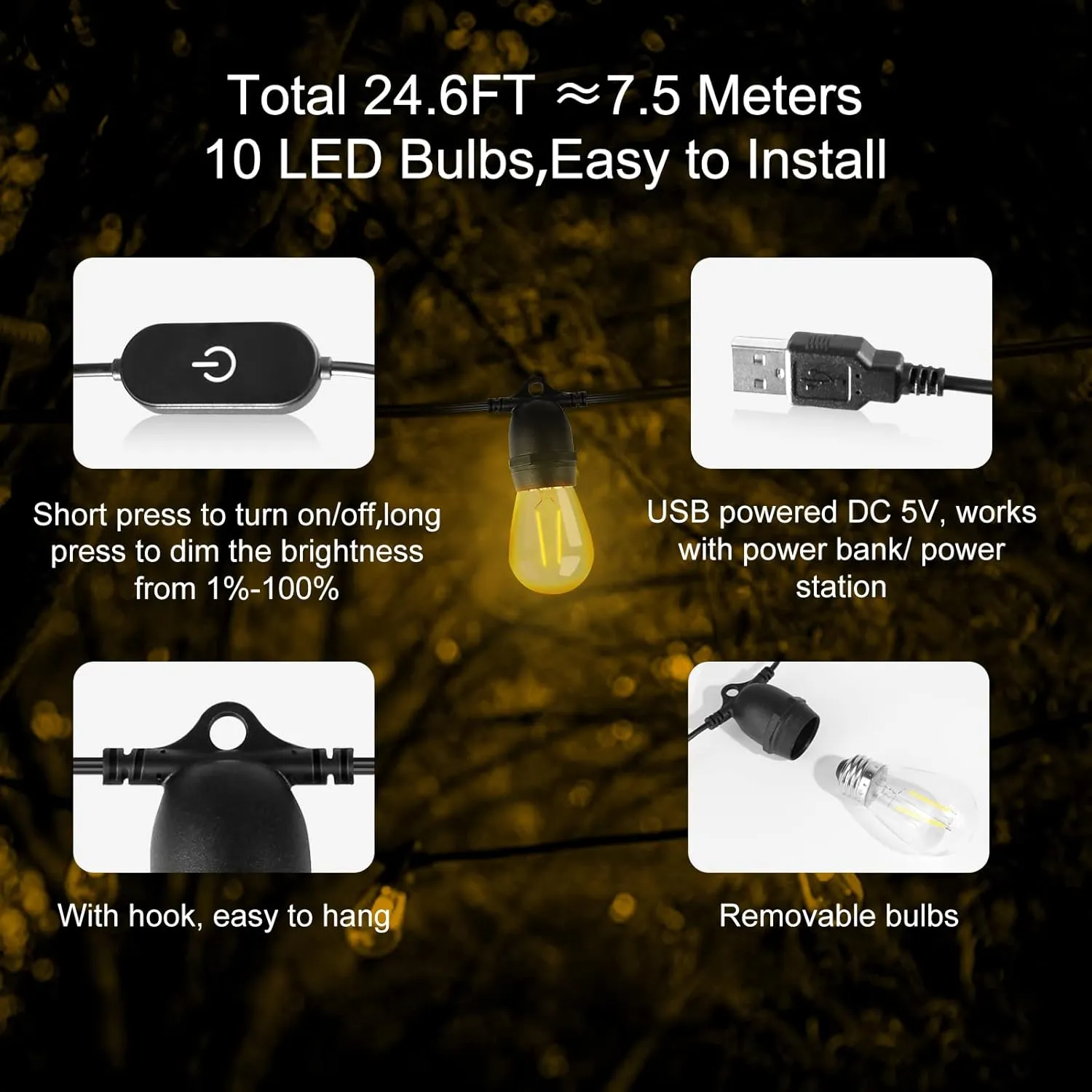 BRIMAX 24.6Ft USB Powered String Lights,10 LED Bulbs Waterproof & Shatterproof Outdoor Camping String Lights Dimmable Brightness with Swith for Tents,Patio,Backyard,Garden and Holidays,Warm White