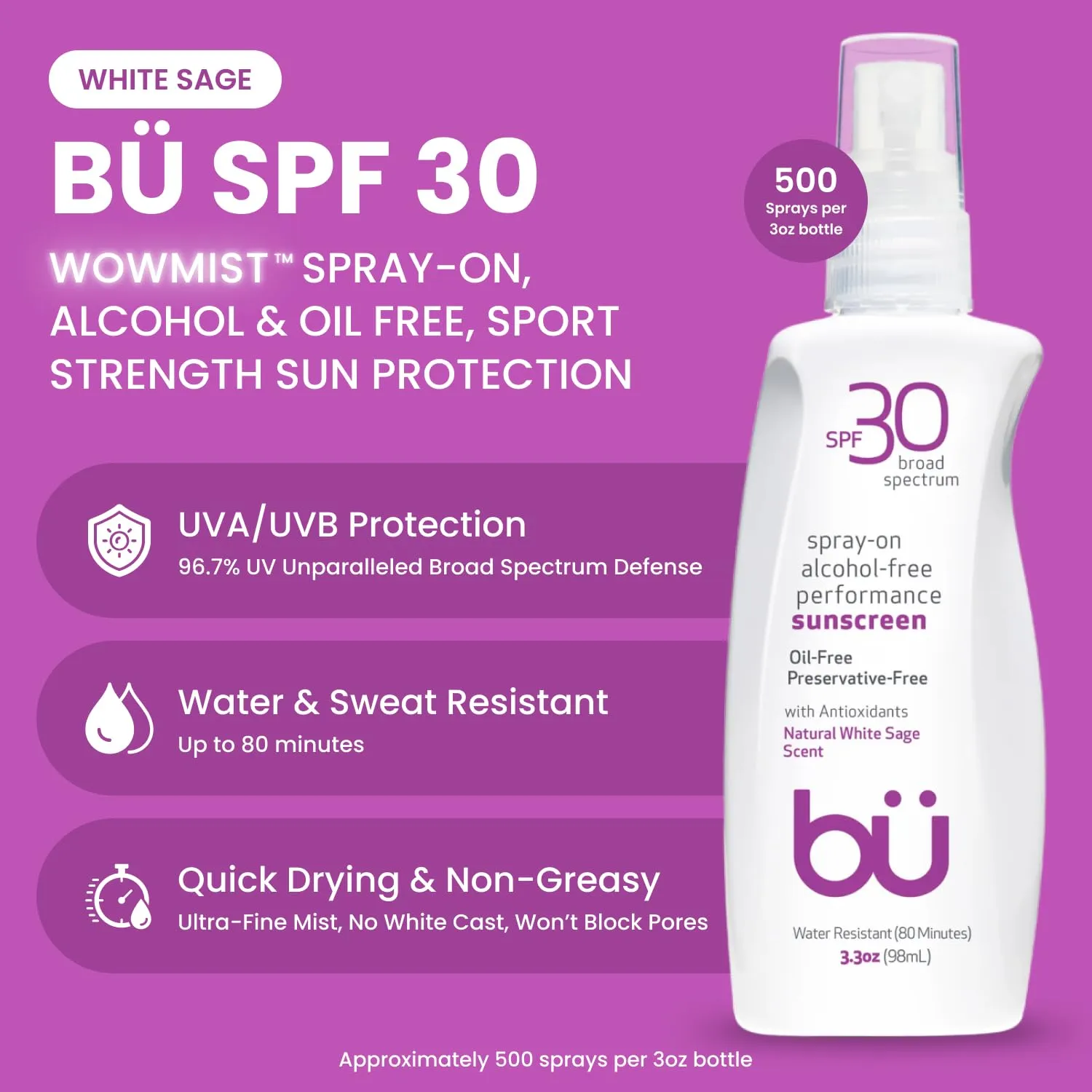 Bu SPF 30 Ultrafine WOWmist Sunscreen Spray - Clear, Non Greasy, Non Toxic, Non Comedogenic. Sweat & Water-Resistant. Travel, Sport, Sensitive Skin (White Sage, 3.3 oz)