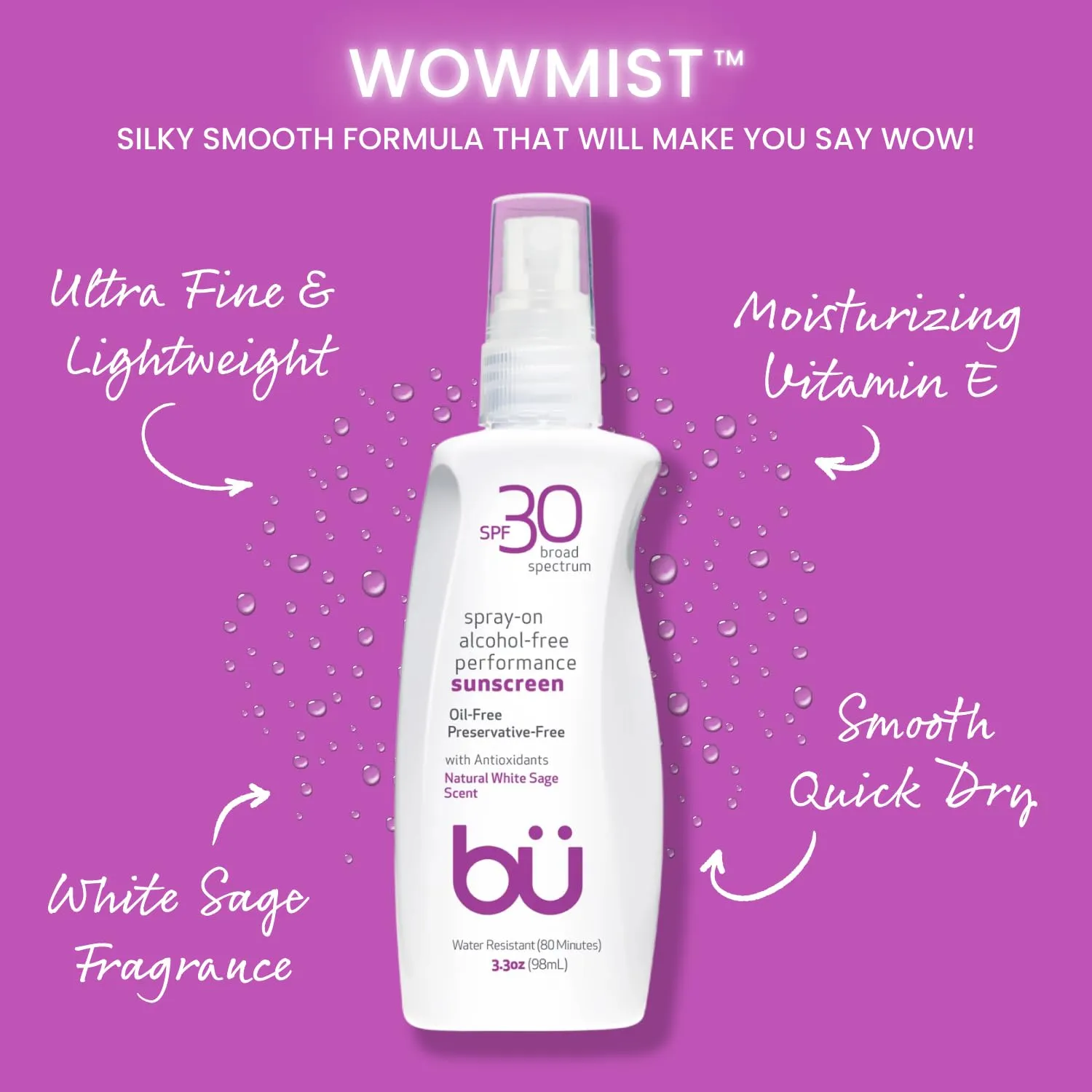 Bu SPF 30 Ultrafine WOWmist Sunscreen Spray - Clear, Non Greasy, Non Toxic, Non Comedogenic. Sweat & Water-Resistant. Travel, Sport, Sensitive Skin (White Sage, 3.3 oz)
