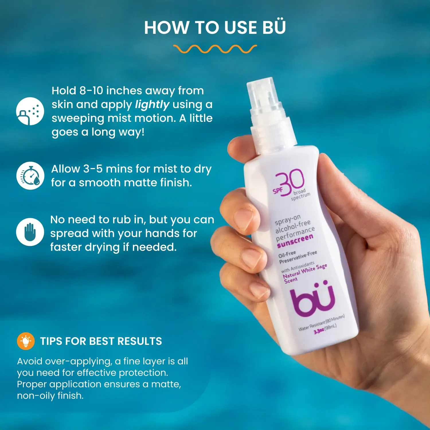 Bu SPF 30 Ultrafine WOWmist Sunscreen Spray - Clear, Non Greasy, Non Toxic, Non Comedogenic. Sweat & Water-Resistant. Travel, Sport, Sensitive Skin (White Sage, 3.3 oz)