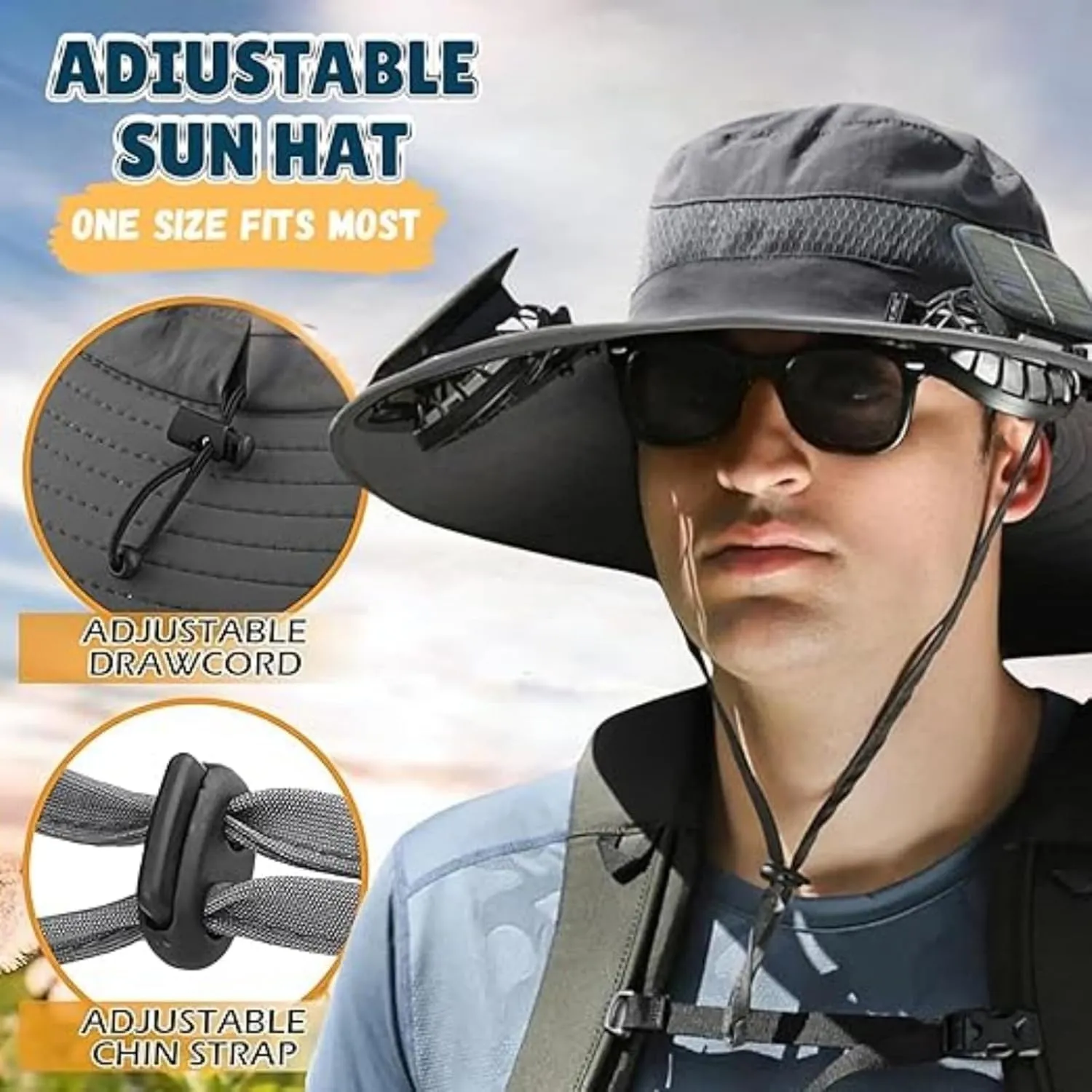 Bucket Hat with 2 Solar Power Fans for Men Women UPF 50  Outdoor Wide Brim Sun Fishing Hat - Removable & USB Charging Fan