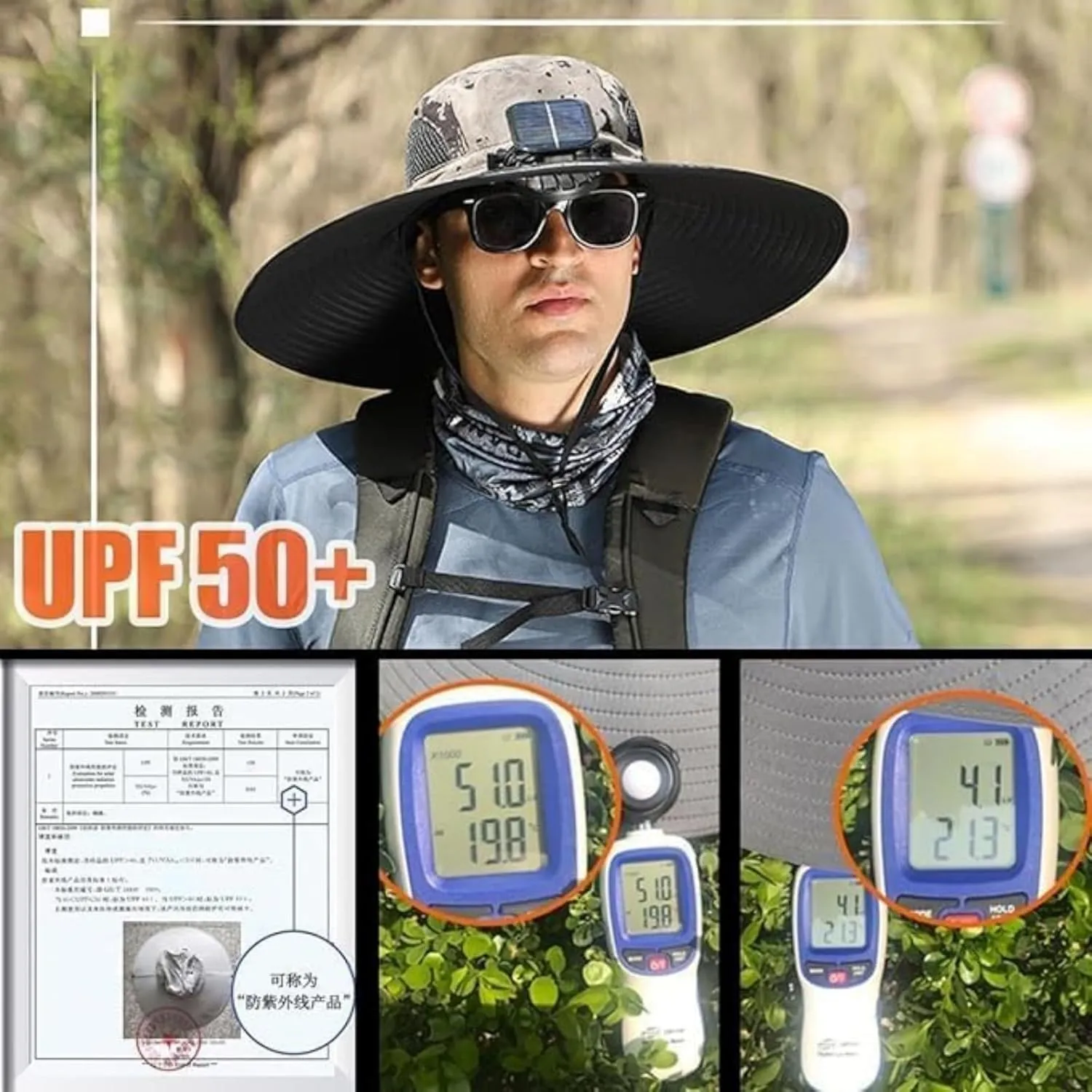 Bucket Hat with 2 Solar Power Fans for Men Women UPF 50  Outdoor Wide Brim Sun Fishing Hat - Removable & USB Charging Fan