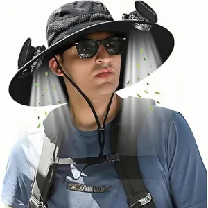 Bucket Hat with 2 Solar Power Fans for Men Women UPF 50  Outdoor Wide Brim Sun Fishing Hat - Removable & USB Charging Fan